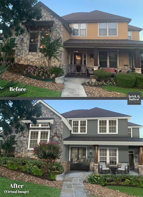 7 Tips for Using Kendall Charcoal by Benjamin Moore on Exteriors | brick&batten Charcoal Gray House Exterior, Kendall Charcoal Benjamin Moore, Charcoal House, Benjamin Moore Exterior, Exterior Color Combinations, Kendall Charcoal, Gray House Exterior, House Paint Color Combination, Porch Accessories