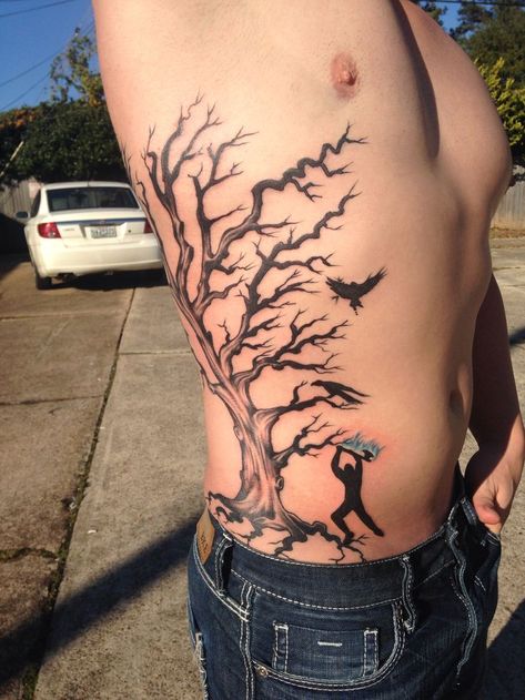 Family Tree Tattoo Designs, Side Piece Tattoos, Tree Tattoo Side, Geometric Tattoo Leg, Tree Of Wisdom, Rib Tattoos For Guys, Tree Tattoo Men, Eye Tattoos, Hunting Tattoos