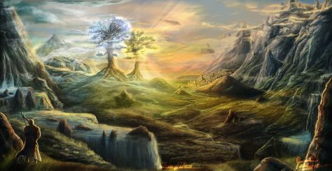 Telperion and Laurelin by MrSvein872 Valinor Tolkien, Fantasy Diy, Earth Artwork, John Howe, Middle Earth Art, Tolkien Art, Lotr Art, Two Trees, Jrr Tolkien