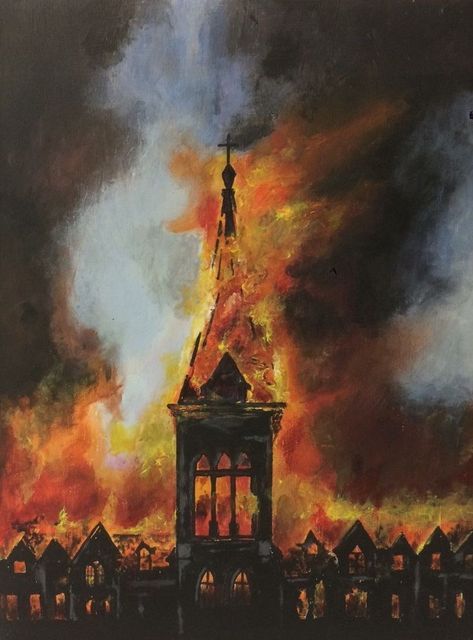 Vampire Burning In The Sun, Burning Church Drawing, Church On Fire, Burning Church, Building On Fire, Burning City, Cd Cover Design, Fire Drawing, Clock Tattoo Design