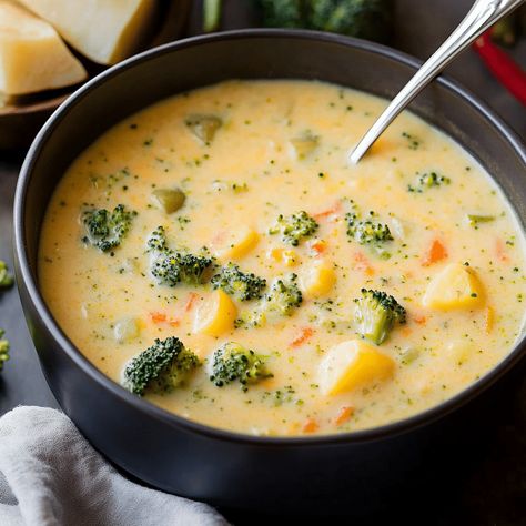 Creamy Cheddar Broccoli Potato Soup is the ultimate comfort food. Perfectly cheesy and loaded with veggies. Ready in under an hour! Cheesy Potato And Broccoli Soup, Panera Broccoli And Cheese Soup, Cheesy Broccoli Potato Soup, Broccoli Potato Soup Recipes, Cheesy Broccoli Potatoes, Cheddar Broccoli Potato Soup, August Food, Broccoli Potato Cheese Soup, Broccoli And Cheddar Soup