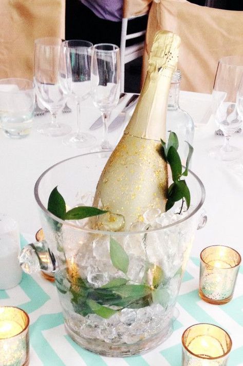 Champagne Bucket Wedding, Champagne Centerpiece Wedding, Champagne Glass Centerpieces, Petals And Prosecco Centerpieces, Champagne Bottle Centerpiece Ideas, Fizz Painting, Champagne Bottle Centerpiece, Champagne Centerpiece Ideas, Wine Bucket Centerpiece