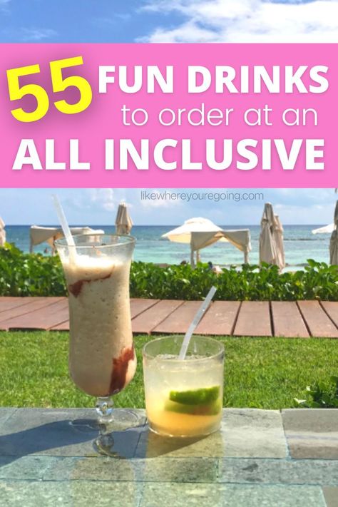 Frozen drinks, most popular cocktails, beach drinks, healthy drinks, low calorie options, shots to order and best drinks for dessert or after dinner. Here are 55 drinks you can order to drink by the beach at your all inclusive resort. Best drinks to order in Cancun, anywhere in Mexico or the Carribbean! All Inclusive Resort Outfit Ideas, Low Calorie Options, Resort Outfit Ideas, All Inclusive Mexico, Outfit Ideas Plus Size, Cancun All Inclusive, Drinks Healthy, Cancun Vacation, Alcholic Drinks