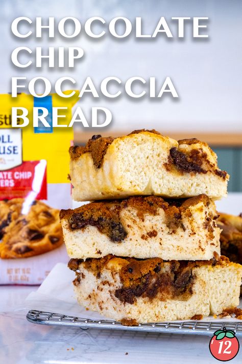 Chocolate Chip Focaccia Bread | 12 Tomatoes Focaccia Bread Recipe, 12 Tomatoes Recipes, Chocolate Cookie Dough, Focaccia Bread, 12 Tomatoes, Coffee Cakes, Warm Chocolate, Seasonal Food, Chocolate Chip Cookie Dough