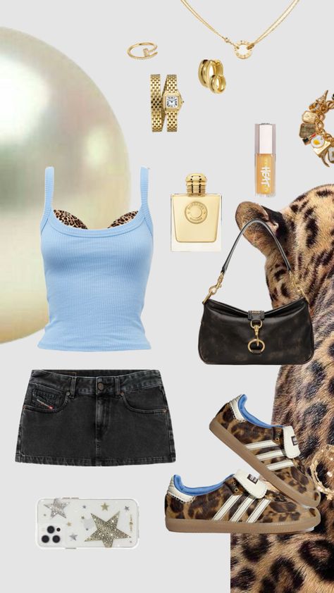 #outfitinspo #fitinspo #summer #summer2024 #summerfit #cheetah #lepoardprint #lightblue #tanktop #sambas Cheetah Print Sambas Outfit, Cheetah Sambas Outfit, Cheetah Print Shoes Outfit, Cheetah Clothes, Cheetah Print Outfits, Cheetah Print Shoes, New York Outfit, Samba Outfit, Chic Fall Outfits