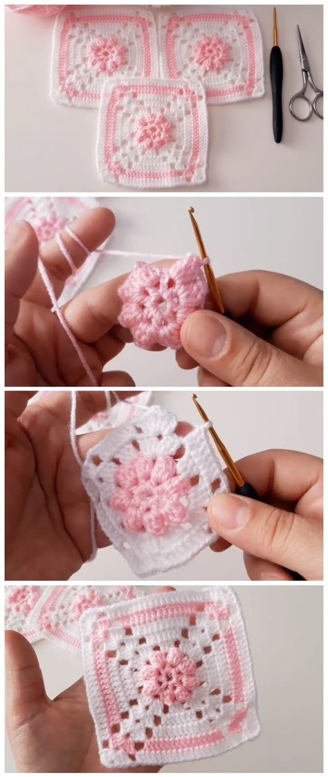 Crochet Easy Popcorn Motif - Love Crochet Aesthetic Crochet Patterns, Crocheting For Beginners, Crochet Flower Granny Square Pattern, Easy Popcorn, Crochet Patterns Ideas, Crochet Waffle Stitch, Quick Crochet Projects, Crochet Shell Stitch, Free Aesthetic