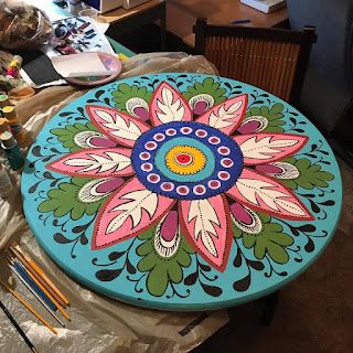 Mandala Table Top Painted, Painted Table Top, Painted Table Tops, Dinosaur Exhibition, Hand Painted Table, Old School House, Raw Edge Applique, Acrylic Craft Paint, Wood Works