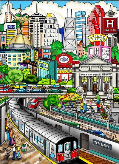 A beautiful and bustling spring day in the city of Boston. Future Cities Drawing, My City Drawing, My Dream City Drawing, Dream City Drawing, Future City Drawing, Town Drawing, Future Cities, 3d Pop Art, Puzzle Photo