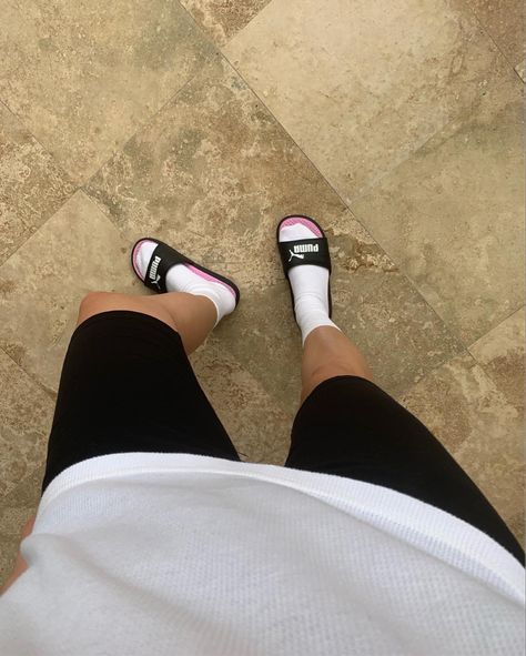 home attire Puma slippers pack of socks biker shorts - sale long sleeve shirt everyday style / simple attire / casual outfit Follow my shop @liliasb on the @shop.LTK app to shop this post and get my exclusive app-only content! #liketkit #LTKstyletip #LTKshoecrush #LTKsalealert @shop.ltk https://liketk.it/3UOl5 Trendy Non-slip Slide Slippers, Trendy Slip-on Slides For Leisure, Casual Sports Slides Slip-on, Puma Slides Outfit, Cushioned Slide Slippers For Streetwear, Sporty Slip-resistant Slides For Streetwear, Puma Slippers, Puma Slides, Slides Outfit