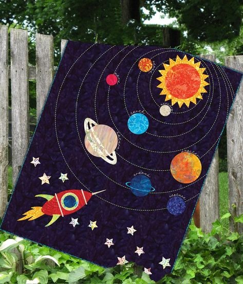 Appliqué Space-Orbit Downloadable Quilt Pattern | Etsy Solar System Quilt, Space Baby Quilt, Kid Quilts Patterns, Colchas Quilting, Space Quilt, Baby Applique, Nancy Zieman, Baby Quilt Pattern, Applique Quilt Patterns