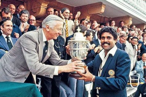 This day that year : On today India won the maiden World cup beating the mighty West Indians at Lords. Skipper Kapil Dev in the pics lifting the trophy on behalf of the Indian Cricket Team.  India : 183 West Indies : 140 all out Kapil Dev, World Cup Trophy, Cricket In India, First World Cup, Test Match, World Cricket, India Win, India Independence, Indian Cricket