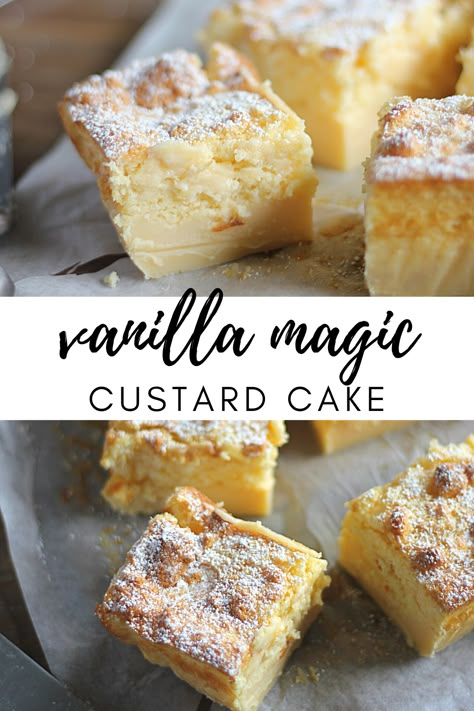 Custard Tea Cake, Magic 3 Layer Custard Cake, Vanilla Magic Custard Cake Recipe, Christmas Magic Cake, Custard Recipes Desserts, Vanilla Custard Cake Recipe, Magic Custard Cake Recipe, Magic Cake Recipe, Vanilla Magic Custard Cake