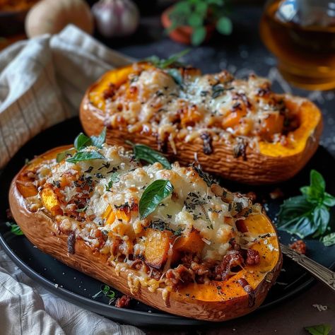 Butternut Squash Stuffed with Bolognese: A Comforting Delight for the Taste Buds! Ingredients: 1 butternut squash (about 1.5 kg) 400 g ground beef 1 onion 2 cloves garlic 400 g crushed tomatoes 1 tablespoon tomato paste 200 ml vegetable broth 1 teaspoon dried oregano 1 teaspoon dried thyme Salt and pepper to taste 100 g grated mozzarella cheese Fresh chopped parsley (for garnish) Instructions: Preheat oven to 180°C (350°F). Cut the butternut squash in half lengthwise and remove the seeds. B... Butternut Squash Stuffed, Thyme Salt, Dried Thyme, Vegetable Broth, Cocktail Desserts, Food Garnishes, Tomato Pasta, Crushed Tomatoes, Tomato Paste