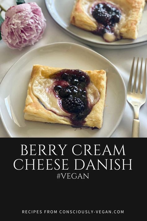 Vegan Cream Cheese Danish, Savory Vegan Breakfast, Cream Cheese Danishes, Berry Cream Cheese, Breakfast Danish, Cheese Danishes, Vegan Egg Substitute, Vegan Pastries, Plant Based Recipes Breakfast