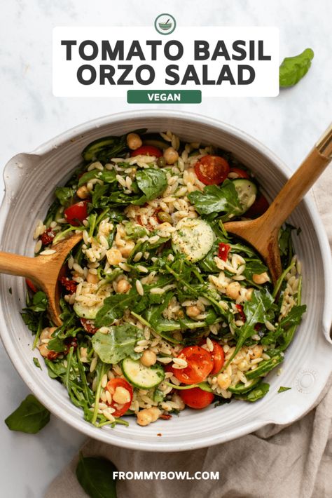 This Triple Tomato Basil Orzo Salad is packed with fresh herbs and juicy tomato flavor! The perfect plant-based pasta salad for picnics, potlucks, or a light lunch. Basil Orzo Salad, Tomato Basil Orzo, Basil Orzo, Salads For Picnics, Tomato Pasta Salad, Basil Salad, Orzo Salad, Juicy Tomatoes, Light Lunch