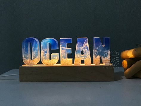 Resin Letters With Lights, Epoxy Resin Light, Ocean Lamp, Ocean Light, Cute Jellyfish, Resin Letters, Resin Light, Light Desk, Beach Room