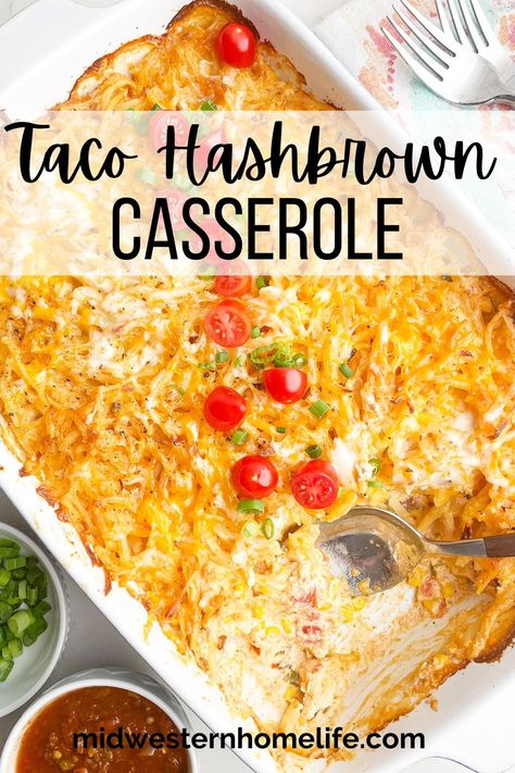 Taco Chicken Hash Brown Casserole is a delicious dinner loaded with tender rotisserie chicken, corn, cheese, taco seasoning, and sour cream. Easy recipe you can throw in the oven and about an hour later have a comforting dinner on the table the whole family will devour. Taco Hashbrown Casserole Oven, Hashbrown Taco Casserole, Hashbrown Casserole Breakfast, Dinner Bakes, Chicken Hash, Chicken Hashbrown Casserole, Hashbrown Breakfast, Casserole Breakfast, Taco Chicken