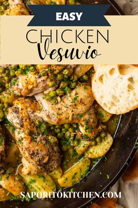 Classic chicago style chicken vesuvio made with roasted bone in chicken, yellow potatoes, peas and a lemon garlic wine sauce. This easy one skillet meal makes the best Sunday dinner! Chicken Vesuvio Recipe, Chicken Vesuvio, Garlic White Wine Sauce, Sunday Meals, Whole Chicken Recipe, Magical Recipes, Roasted Potato Wedges, Chicken Roasted, Native American Food