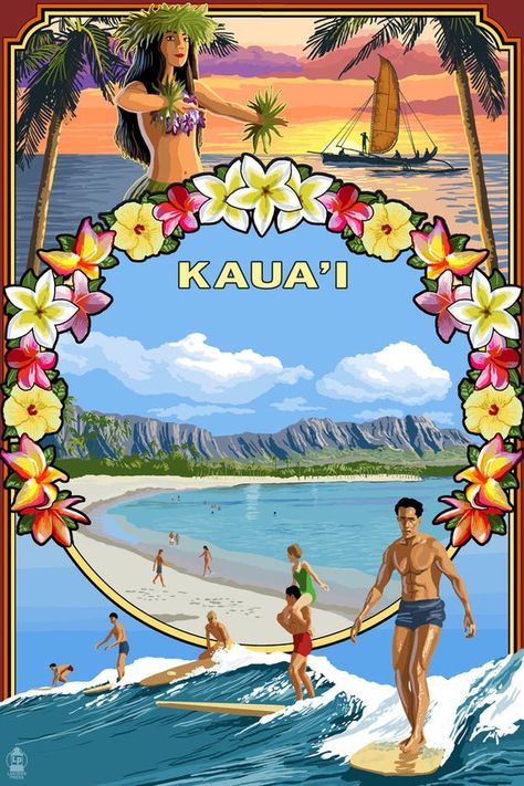 Kauai, Hawaii - Montage Scene (Art Prints, Wood & Metal Signs, Canvas, Tote Bag, Towel) Montage Art, Beach Art Prints, Hawaii Art, Hawaiian Decor, Vintage Hawaii, Scene Art, Kauai Hawaii, Stock Art, Mermaid Art