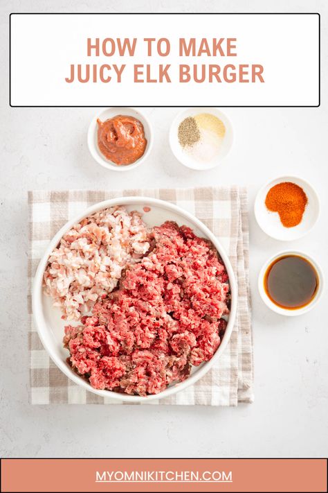 Learn how to make gourmet Elk and Bacon burgers at home with our simple recipe! Juicy, flavorful, and perfect for any occasion.   https://myomnikitchen.com/juicy-grilled-elk-burger-recipe/ Elk Burger Recipes, Elk Burgers, Elk Burger, Burgers At Home, Smoked Bacon Recipes, Bacon Burgers, Game Meat, Bacon Burger, Bacon Tomato