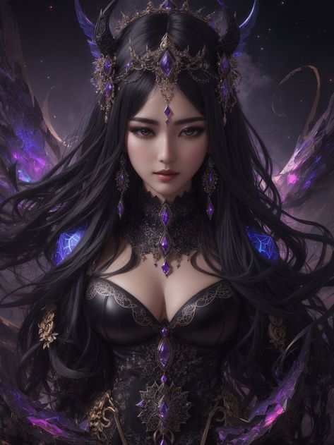 Delve into the enigmatic beauty of our AI art image, portraying a captivating demon woman with lustrous black hair shrouded in the cosmic mystery of dark matter. Experience the alluring blend of darkness and elegance in this mesmerizing digital masterpiece. 🌑👿🌌 Purple Goddess Art, Characters With Purple Hair, Beautiful Demon, Purple Goddess, Demon Woman, Anime Purple, Girl With Purple Hair, Anime Purple Hair, Purple Queen