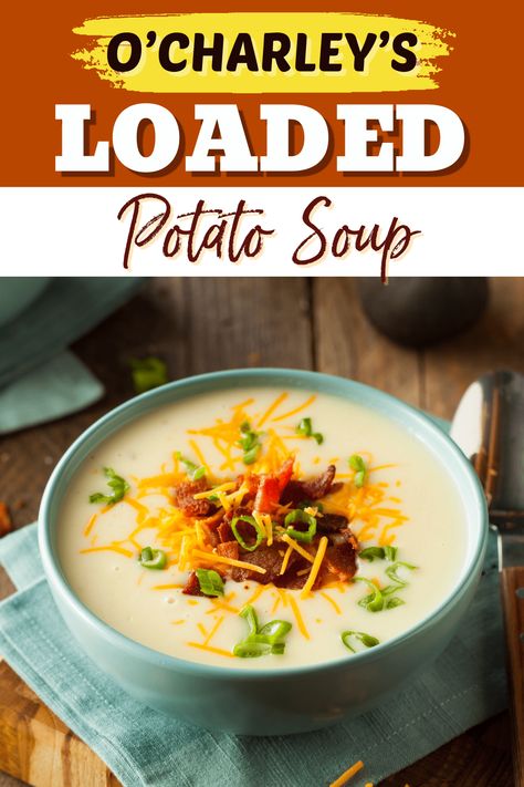 Filled with chunks of potatoes, plenty of cheese, and a heavenly creamy broth, this copycat O'Charley's loaded potato soup recipe is the real deal. O Charleys Potato Soup Recipe, Ocharleys Potato Soup, Cheesy Potato Soup, Potato Soup Crock Pot, Soup Base, Loaded Potato Soup, Loaded Baked Potato Soup, Creamy Potato Soup, Baked Potato Soup