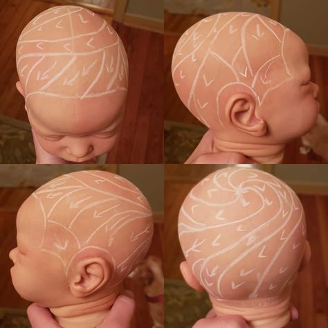 How To Paint Reborn Hair, Reborn Doll Hair Mapping, Reborn Doll Painting, Reborn Hair Mapping, Reborn Hair Rooting, Reborn Rooting Map, Painting Reborn Dolls, Baby Eyebrows, Reborn Painting