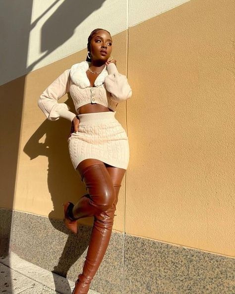 Instagram • Chats Brown Thigh High Boots Outfit, Brown Thigh High Boots, Thigh High Boots Outfit, Knee Boots Outfit, Chocolate Fashion, High Boots Outfit, Boots Uk, Dinner Outfits, Boots Outfit