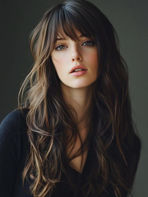 Discover Stunning Long Layered Hair with Bangs Ideas: Transform Your Look with These Trendy Styles Hair Cuts For 40s Women, Thinned Out Haircut Thick Hair, Bang Ideas For Long Hair, Long Layered Hair With Wispy Bangs, Haircuts For Women In Their 30s, Haircut Fringe Bangs, Curled Hair With Bangs, Shaggy Bangs Long Hair, Haircuts For Square Face Shape