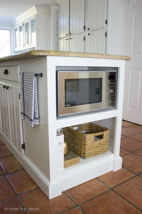 Shelving added to end of kitchen island adds so much more useable countertop space! Diy Kitchen Makeover Ideas, Kitchen Ikea, Driven By Decor, Kitchen Diy Makeover, Diy Kitchen Remodel, Diy Kitchen Storage, Diy Kitchen Island, Built In Microwave, Trendy Kitchen