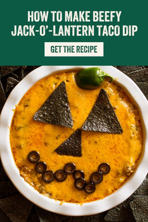 Hosting for Halloween, but nothing to serve? 😱 Don't let this meal planning mishap happen to you—feed your boos adorable Jack-O’-Lantern Cheesy Taco Dip. 👻 🎃 🌮 Cheesy Taco Dip, Beef Taco Dip, Hot Taco Dip, Grass Fed Beef Recipes, Taco Dip Recipe, Mummy Dogs, Juicy Lucy, Beef Taco, Beef Hot Dogs