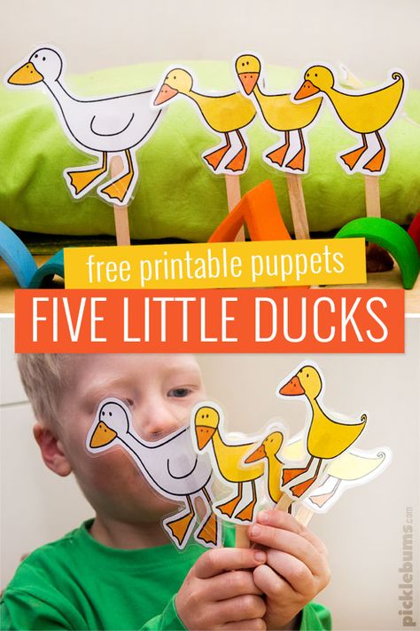 Five Little Ducks Puppets - Free Printable - Picklebums 5 Little Ducks Activities For Toddlers, Nursery Rhymes Preschool Activities Free Printable, 5 Little Ducks Craft, Duck Activities For Toddlers, 5 Little Ducks Activities, Ducks Preschool, Spring Baby Animals, Printable Puppets, Duck Printable