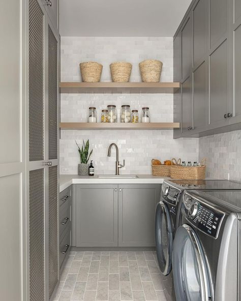 Decorate A Laundry Room, Monday Reset, Flat Front Cabinets, Construction Photography, Gray Shaker Cabinets, Brooke Wagner Design, Brooke Wagner, Grey Laundry Rooms, Laundry Room/mudroom