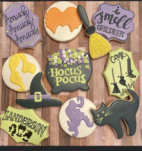 Hocus Pocus Cookies, Combined Birthday Parties, Hocus Pocus Party, Halloween Cookies Decorated, Halloween Sugar Cookies, Iced Sugar Cookies, Fancy Cookies, Cookie Inspiration, Iced Cookies