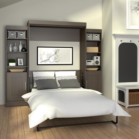 Bestar Edge Murphy Wall Bed with 1-Door and 3-Shelf Attached Storage Unit | from hayneedle.com Bed Closet, Full Murphy Bed, Murphy Bed Ikea, Closet Organizer With Drawers, Murphy Bed Desk, Murphy Wall Beds, Queen Murphy Bed, Modern Murphy Beds, Murphy Bed Diy