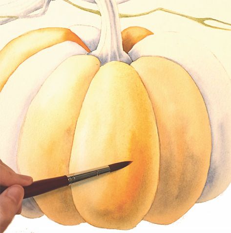 paint a pumpkin wash Colored Pumpkins Painting, Pumpkin Tutorial Painting, Watercolour Paintings Of Pumpkins, Water Color Pumpkin Painting Ideas, Watercolor Pumpkin Art, Pumpkin Painting Watercolor, Pumpkin Painting On Wood, Pumpkin Watercolor Paintings Easy, Watercolour Pumpkin Painting