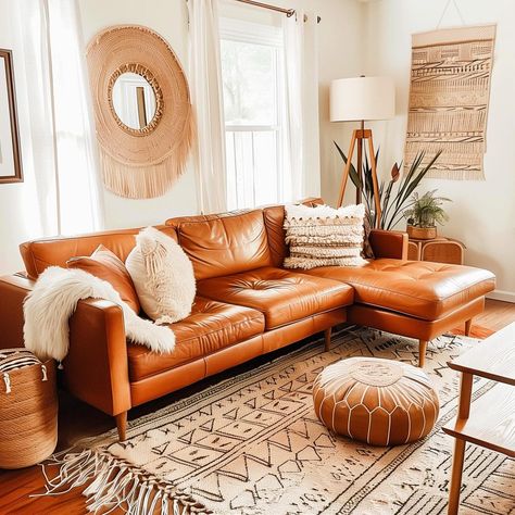 60  Living Room Ideas Featuring a Cognac Couch - HearthandPetals Tan Sofa Living Room Ideas Decor, Orange Leather Couch Living Room, Cognac Sofa Living Rooms, Cream Couch Living Room Color Schemes, Camel Couch Living Room Color Schemes, Couch Cognac, Leather Couch Decor, Tan Sofa Living Room Ideas, Tan Leather Sofa Living Room