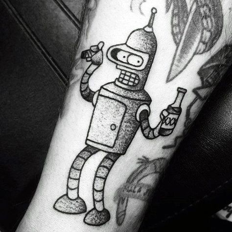 Black And Grey Bender Tattoos #UltraCoolTattoos Bender Tattoo, Futurama Robot, Futurama Tattoo, Bender Futurama, Robot Tattoo, Literary Tattoos, Triangle Tattoos, Tattoo Designs For Men, Arrow Tattoos