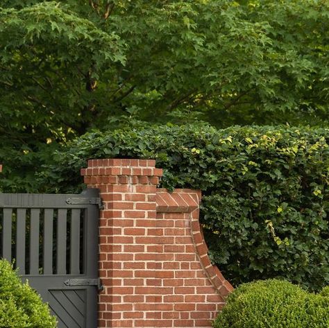 Dan Gordon Landscape Architects on Instagram: "Mounding boxwoods soften the look of the custom brick piers and gate and provide a higher level of finish at the arrival court of the residence. Architect: @catalanoarchitects General Contractor: Pioneer Construction Landscape Contractor: @msc_site.masonry.landscape Gate Contractor: @perfectionfence Photographer: @landinophoto #designinspiration #outdoordesign #instadesign #landscapedesign #landscapearchitecture #landscapeinspiration #lan Cottage Entrance, Landscape Bricks, Brick Pillars, Brick Columns, Front Fence, Magnolia Park, Wall Inspiration, Garden Inspo, Wooden Gates