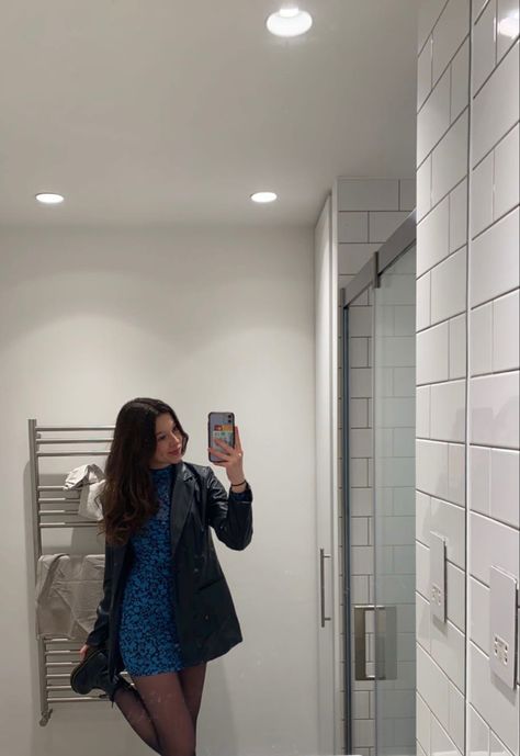 Blue Dress Leather Jacket, Leather Jacket Boots Outfit, Boots Outfit Aesthetic, Dress Leather Jacket, Leather Jacket Dress, Dress Leather, Royal Blue Dress, Leather Jacket Outfits, Blue Mini Dress