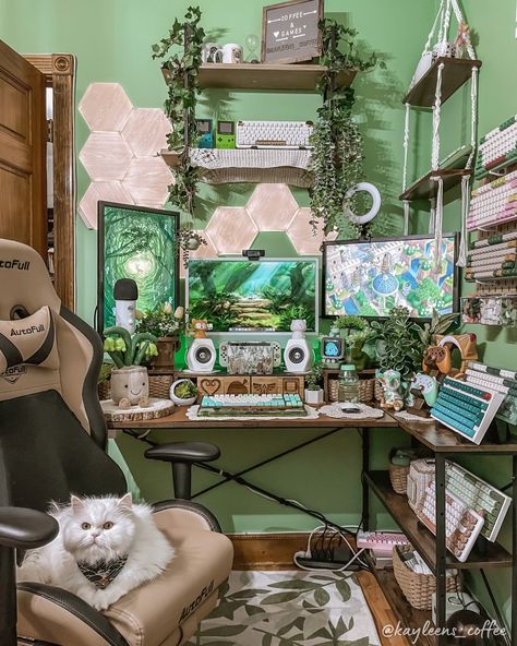 Natural Wood Aesthetic, Green Gaming Setup, Room Computer Desk, Aesthetic Gaming Room, Room Computer, Setup Inspiration, Gamer Cat, Wood Aesthetic, Cozy Desk