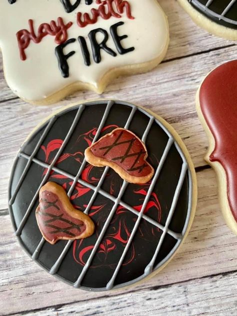 Simple Father’s Day Sugar Cookies, Bbq Cookies Decorated, Diy Father’s Day Cookies, Father’s Day Cookies, Eddie Cookies, Grill Cookies, Bbq Treats, Camp Cookies, Bbq Cookies