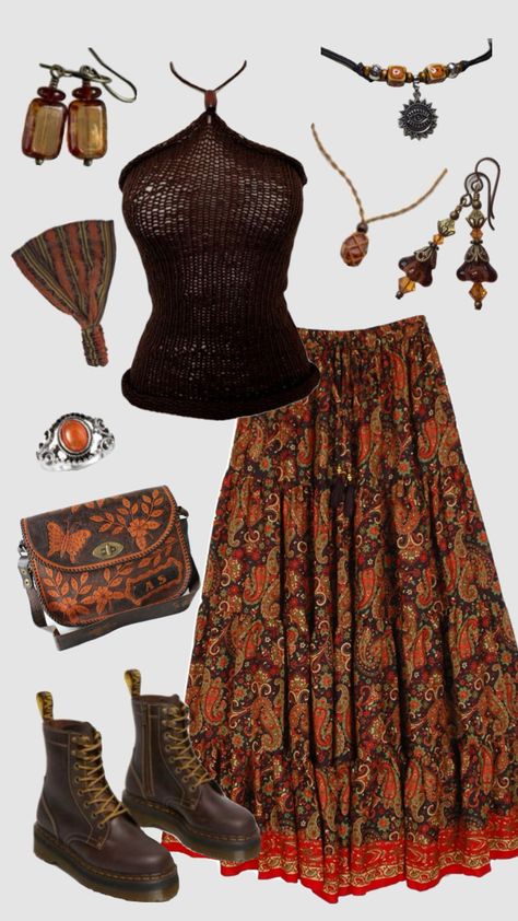 Hippie boho outfit #outfitinspo #70s #hippie #boho #earthy Boho Style Aesthetic Outfits, African Aesthetic Outfits, Beachy Boho Aesthetic Outfits, Elegant Hippie Outfits, 70s Boho Chic, Hippie Inspo Outfit, Warm Boho Outfits, Boho Earthy Style, Colorful Hippie Outfits