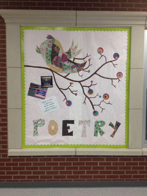 Poetry Month Library Bulletin Board Poetry Month Bulletin Board, Library Bulletin Board, Wake Ideas, National Poetry Month, Poetry Ideas, Poetry Month, Library Displays, Bulletin Boards, Bulletin Board