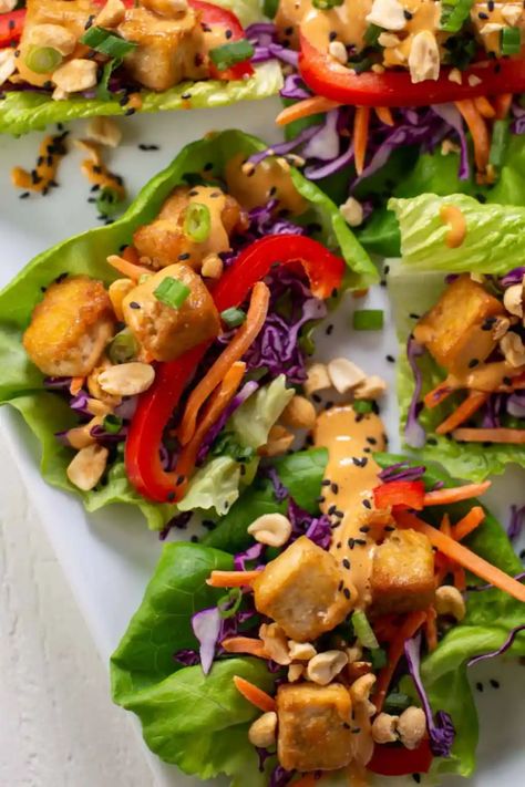 Tofu Lettuce Wraps with Thai Peanut Sauce - MN Veg Head Tofu Lettuce Wraps, Vegan Lettuce Wraps, Vegetarian Wraps, Crunchy Vegetables, Tofu Marinade, Thai Peanut Sauce, Vegan Wraps, Shredded Carrots, Marinated Tofu