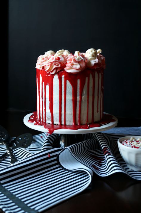 red velvet marble cake with bloody red ganache #HalloweenTreatsWeek | The Baking Fairy Red Ganache Recipe, Halloween Red Velvet Cake, Red Velvet Halloween Cake, Gothic Recipes, Oktoberfest Cake, Dracula Cake, Red Velvet Marble Cake, Killer Cake, Vampire Cake