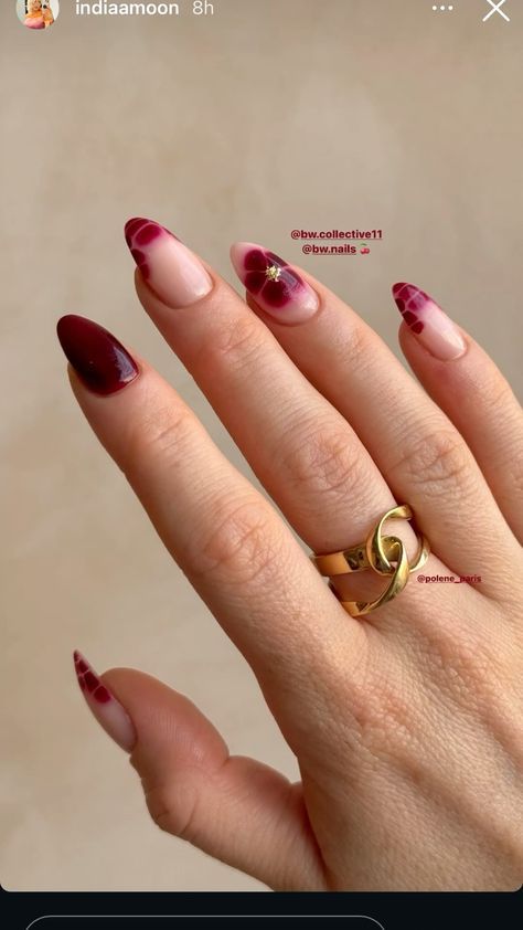 Classic French Tip Nails With Design, Nail Inspo Fall Almond, French Nails With Red Tips, Fall Break Nails, Winter Almond Nails Designs, Funky Autumn Nails, Fall Nail Designs Red, Maroon Nail Designs Burgundy, Europe Trip Nails