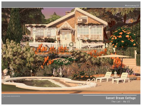 The Sims Resource - Sunset Dream Cottage No CC Small Classic House, Open Kitchen Living Room, Sims 4 Cottage, The Sims 4 Lots, Open Kitchen And Living Room, Classic Cottage, Dream Cottage, White Cottage, Modern Cottage