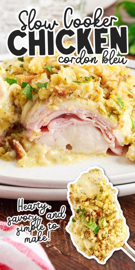 Crockpot chicken cordon bleu is hearty, savory, and so simple to make! Serve with any side for an easy weeknight meal that the whole family loves. Crockpot Chicken Cordon Bleu, Easy Chicken Cordon Bleu, Chicken Cordon Bleu Recipe, Easy Chicken Casserole Recipes, Chicken Cordon Bleu Casserole, Chicken Casserole Easy, Chicken Breast Recipes Baked, Easy Crockpot Dinners, Chicken Cordon