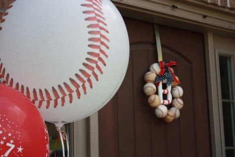 Baseball Party Ideas and a baseball wreath! Baseball Party: Braylon's All-Star Baseball Bash.  This super cute and clever baseball party is full of fun ideas. Throwing a baseball party is easy and fun.  Let's get creative with some clever baseball party ideas! #baseballparty #partyforboys #birthday #baseball Throwing A Baseball, Baseball Party Ideas, Baseball Wreath, Baseball Wreaths, Baseball Theme Party, Bar Mitzvah Invitations, Baseball Party, Baseball Birthday, Quinceanera Party